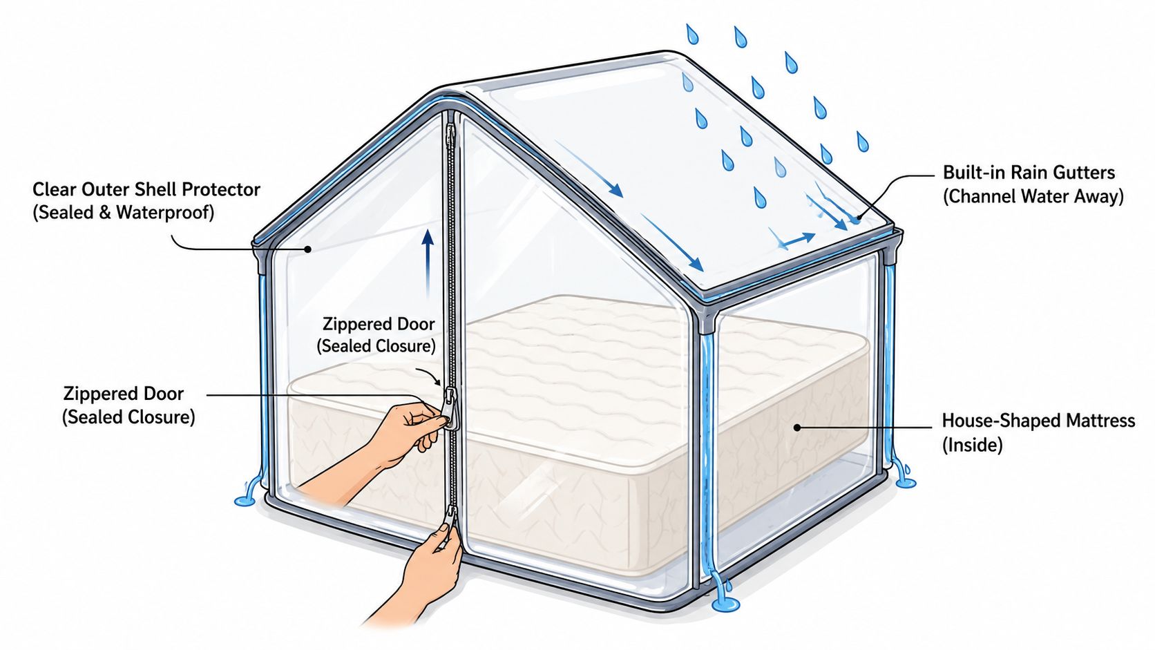 A diagram of a house-shaped waterproof mattress protector with a zippered door and rain gutter system.