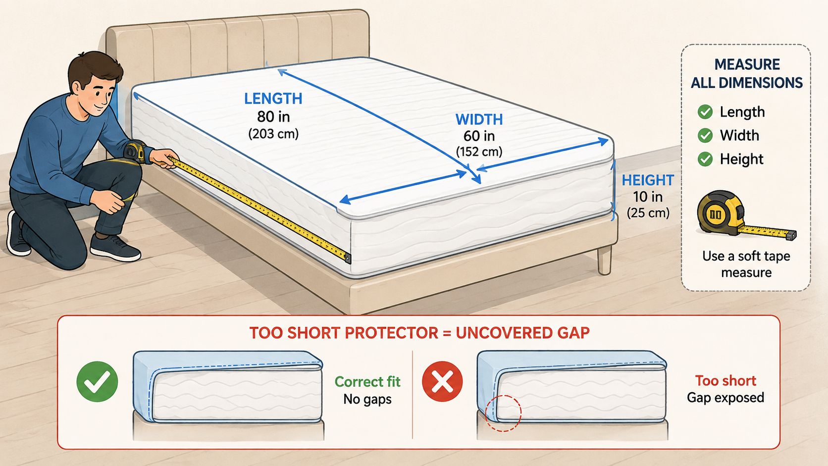 A diagram demonstrating how to correctly measure a mattress for a fitted bed bug waterproof mattress protector.