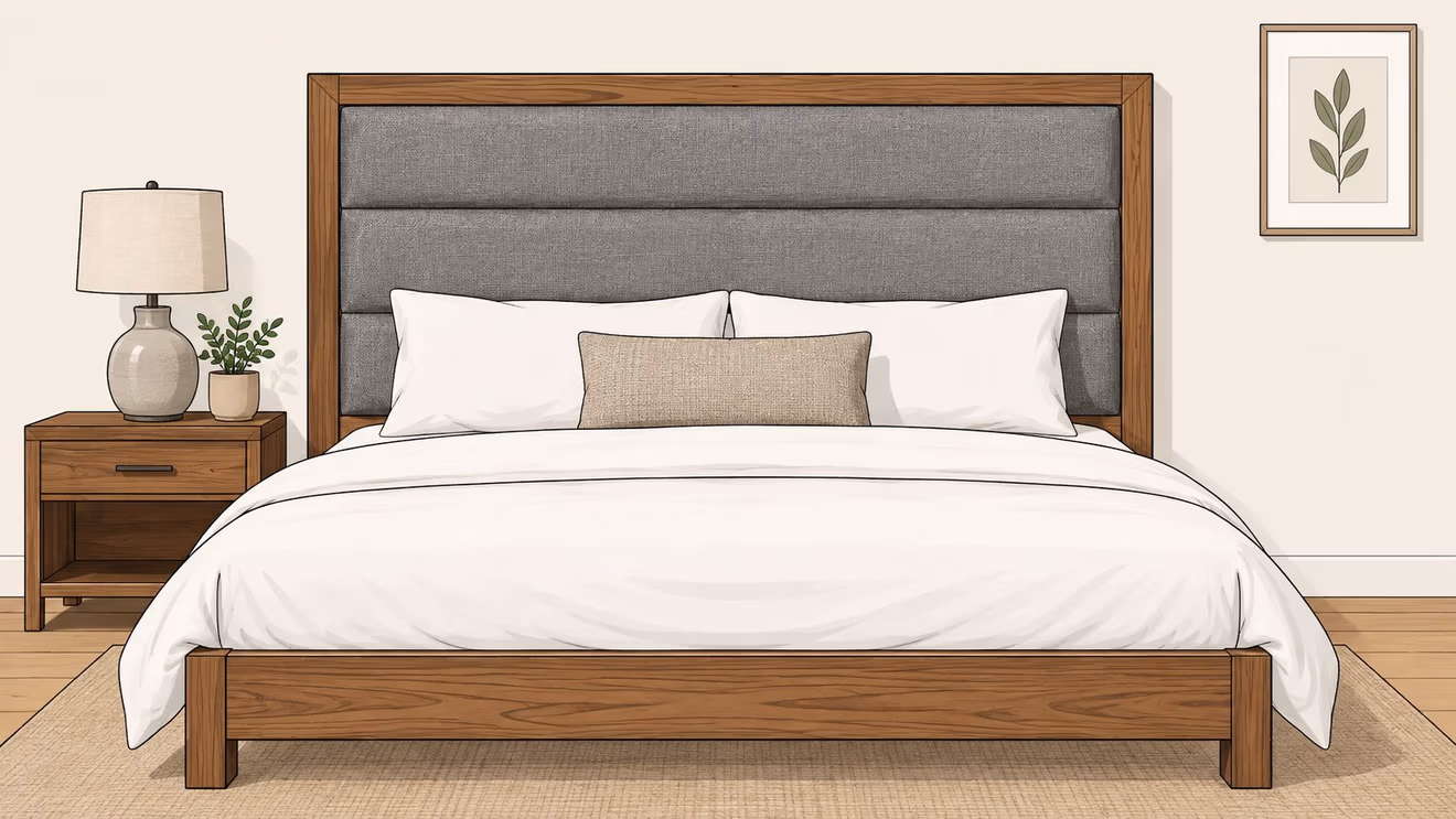 A modern bedroom featuring a wooden bed frame with a grey upholstered tufted headboard and white bedding.