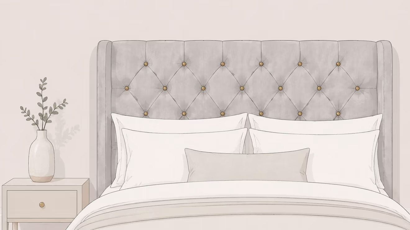 A luxurious bedroom setup featuring a grey tufted headboard, crisp white bedding, and a decorative vase.