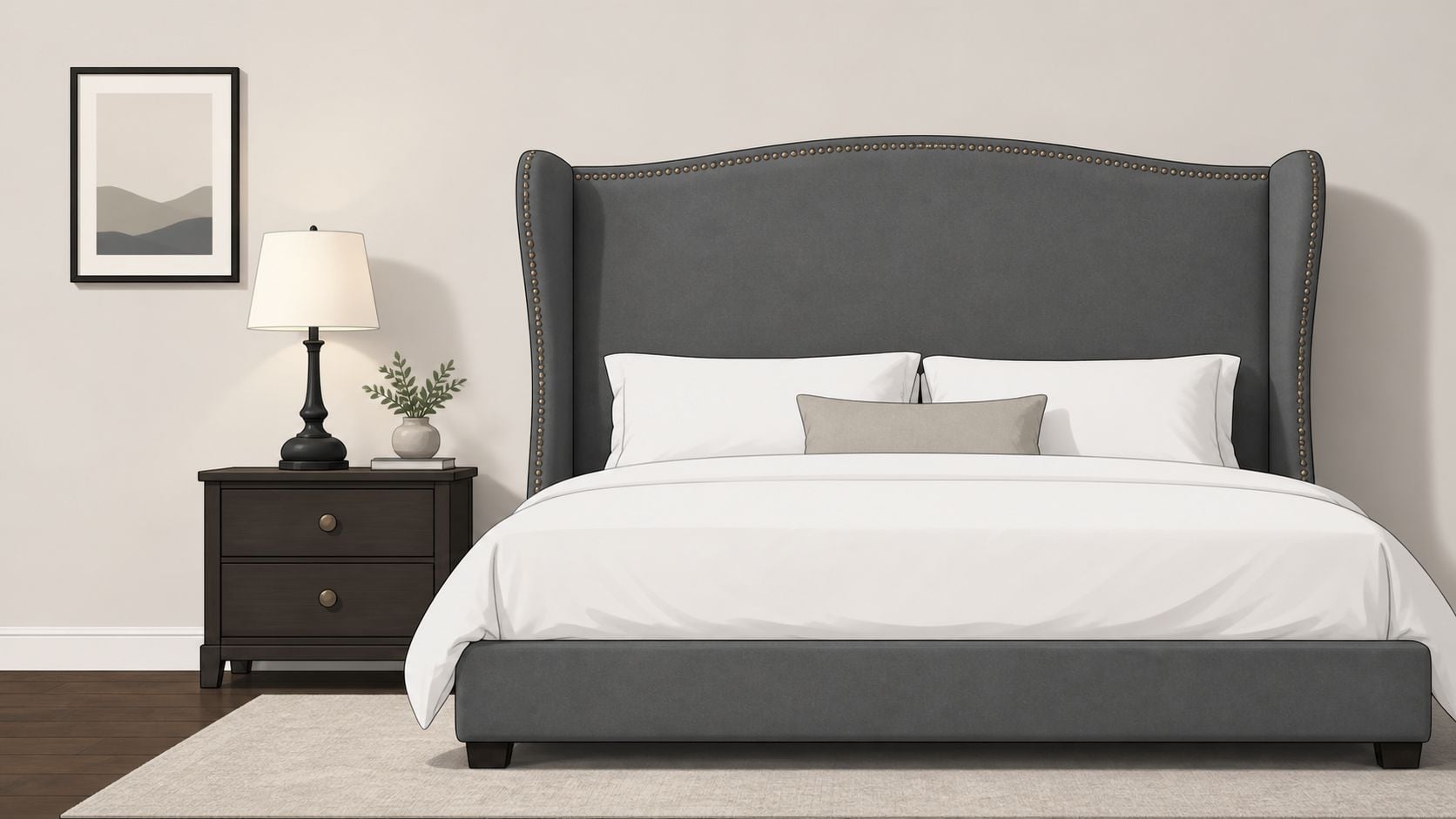 A modern bedroom featuring a grey upholstered wingback headboard, a wooden nightstand, and a table lamp.