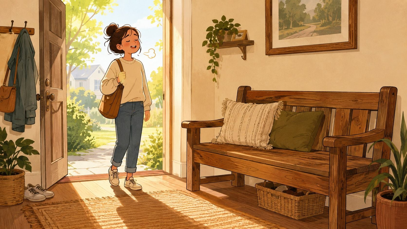 A young woman standing in the entryway of a house, breathing deeply while entering from the sunny garden.