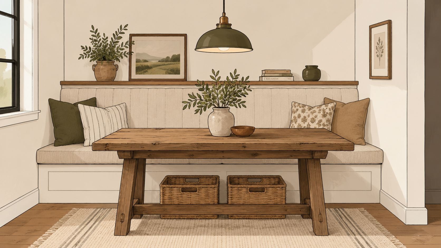 A cozy rustic dining nook featuring bench seating, a wooden table, and warm earthy decor elements.