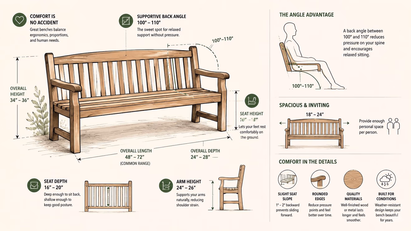 An infographic detailing ergonomic dimensions for comfortable bench seating, including height, depth, and back angle measurements.