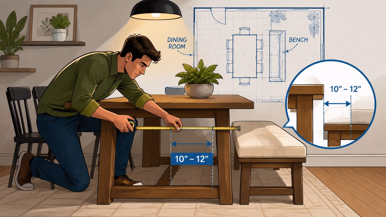 A man measuring the clearance space for bench seating beneath a wooden dining room table.