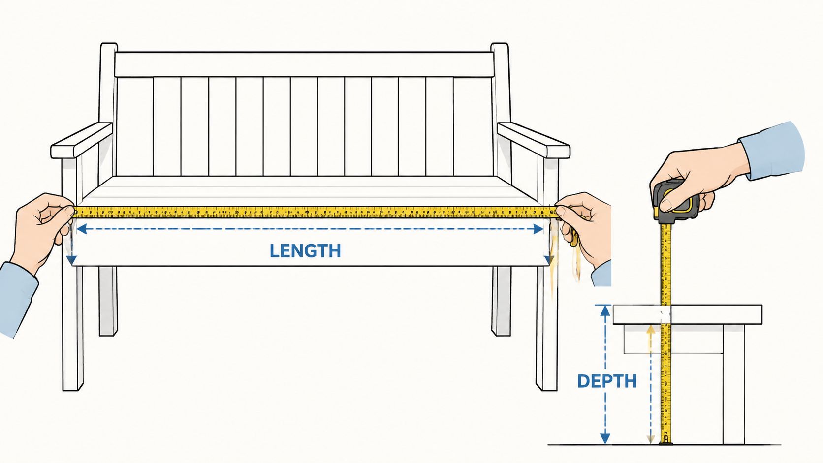 A diagram illustrating how to measure the length and depth of a garden bench with a tape measure.