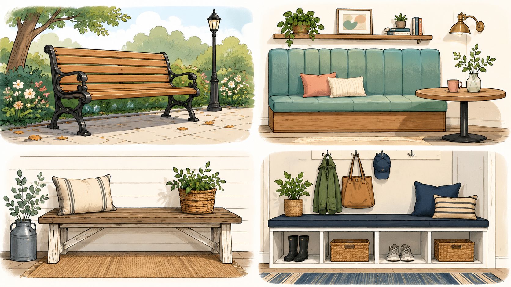 A collage showing four different styles of indoor and outdoor bench seating for home decoration inspiration.