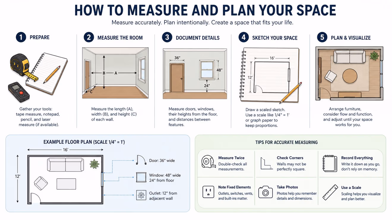 An infographic titled How to Measure and Plan Your Space illustrating five steps for room planning.