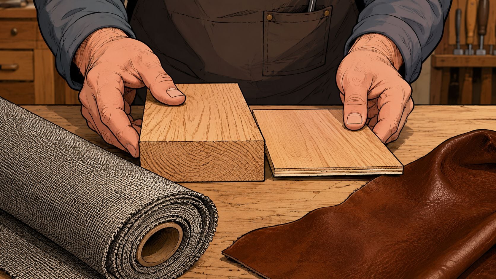 A woodworker holding pieces of lumber and plywood next to rolls of fabric and leather material.