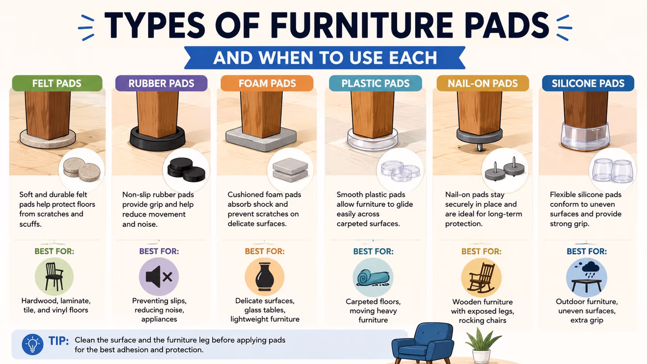 A helpful infographic guide illustrating six different types of furniture pads and their ideal usage scenarios.