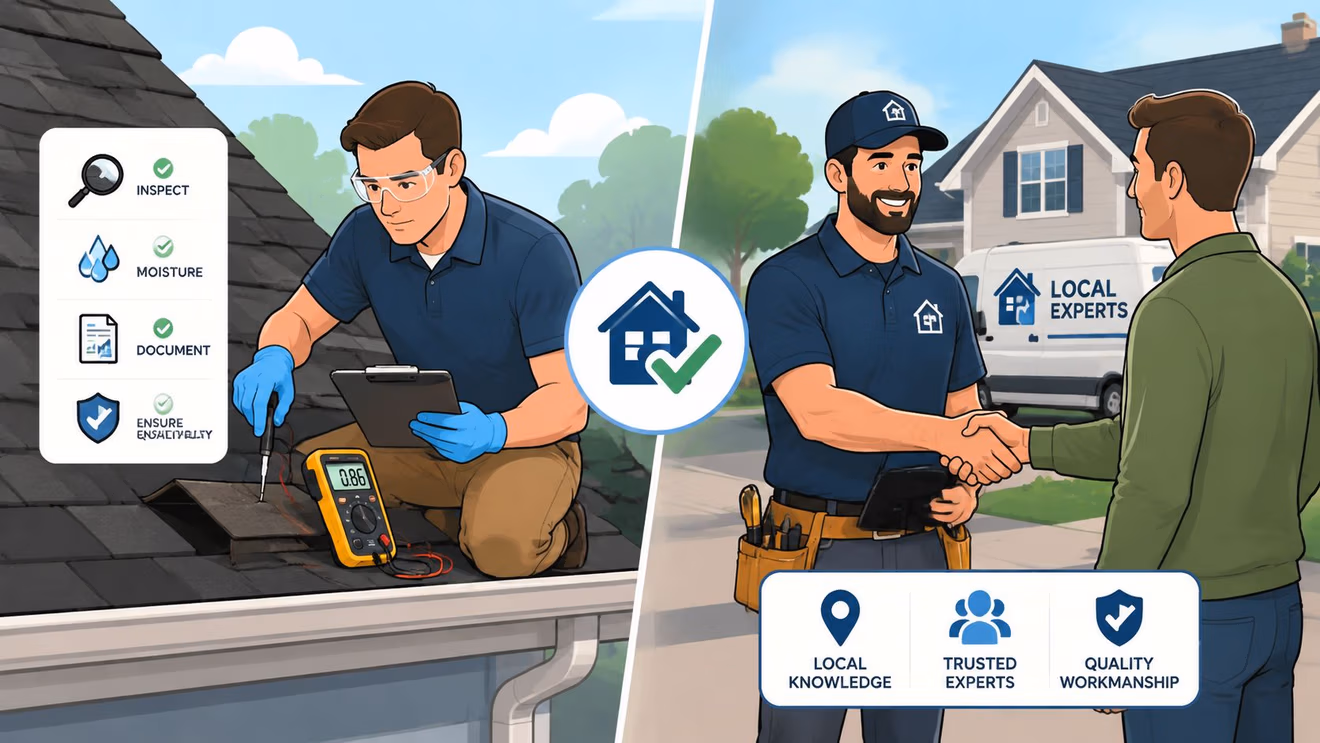 A professional home inspector checks a roof while another shakes hands with a homeowner on-site.