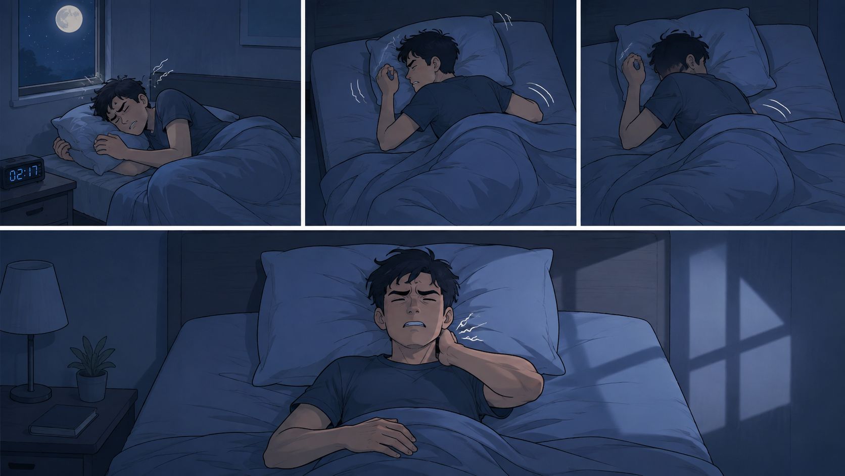 A man experiencing discomfort and neck pain while trying to sleep in his bed at night.