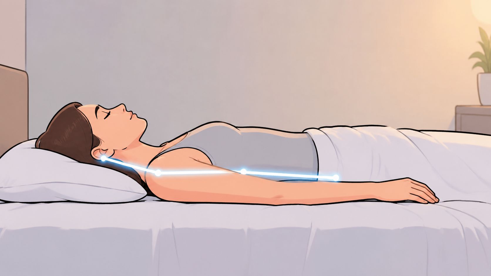 A woman lying on her back on a bed with a glowing line indicating proper spinal alignment.