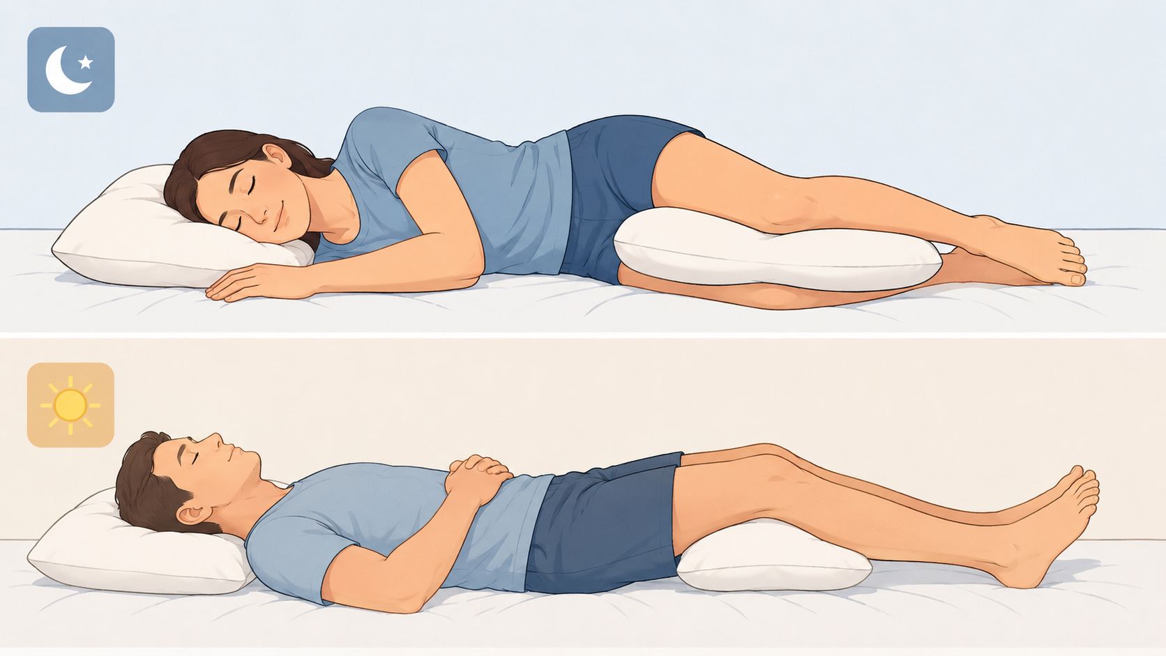 An illustration showing two healthy sleeping positions with pillows to support the lower back for better sleep.