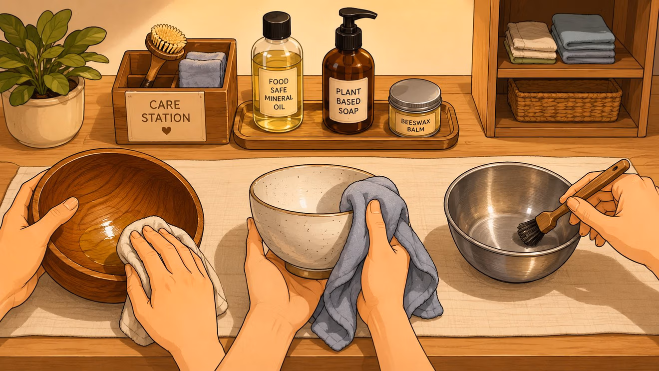 Hands cleaning a wooden bowl, a ceramic bowl, and using a brush on a metal bowl.