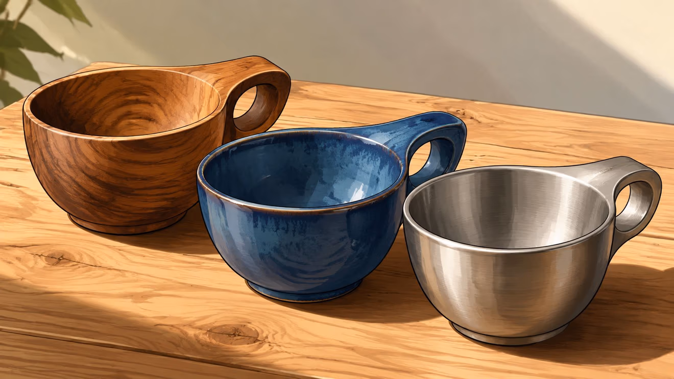 A wooden bowl, a blue ceramic bowl, and a metal bowl with handles on a wooden table.