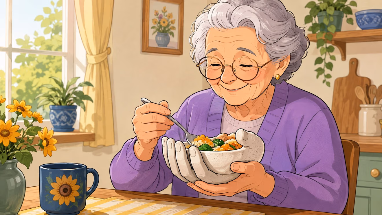 An elderly woman with white hair smiling while eating a meal from a bowl shaped like hands.