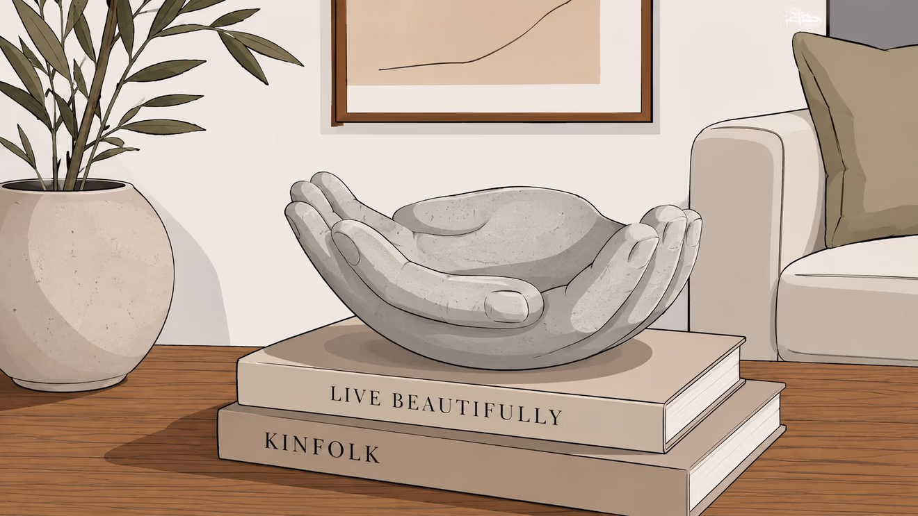 A minimalist, artistic stone bowl shaped like two cupped hands resting on a stack of books.