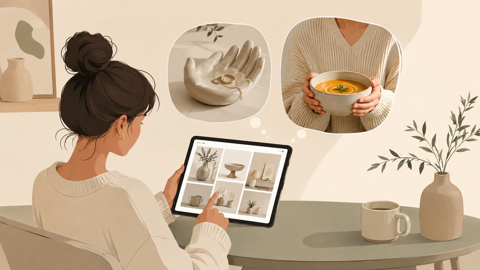 A woman looks at home decor items on a tablet while imagining jewelry and warm soup.