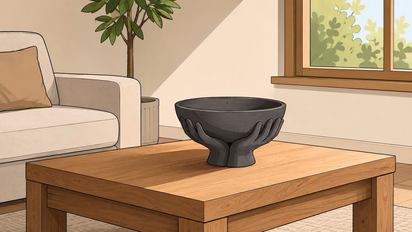 A minimalist, dark gray decorative bowl shaped like two hands cradling the basin on a wooden table.