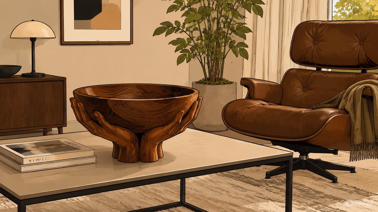 A unique wooden fruit bowl shaped like two hands holding the center placed on a coffee table.