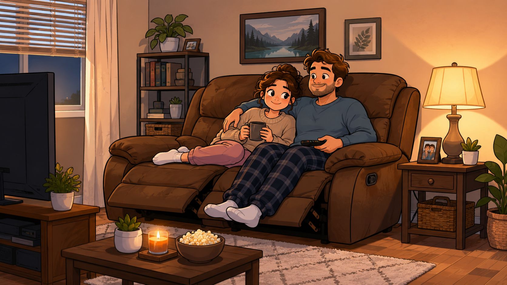 A happy couple sitting together on a comfortable brown reclining loveseat while watching TV at home.