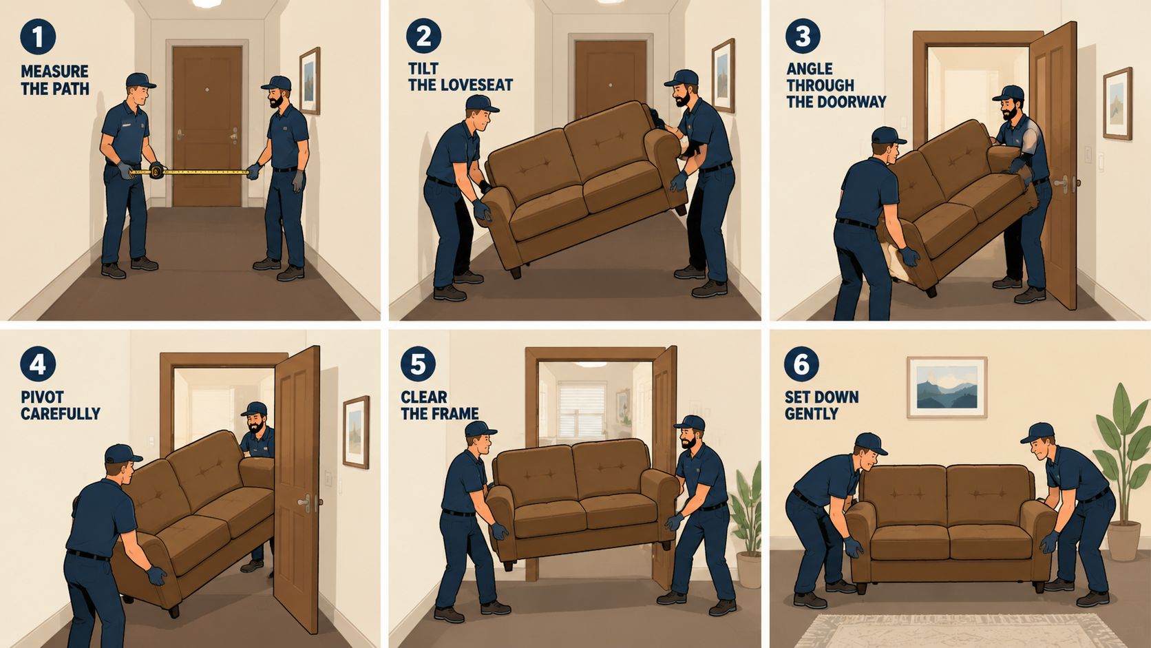 Two professional movers demonstrate the six-step process of moving a brown reclining loveseat through a doorway.