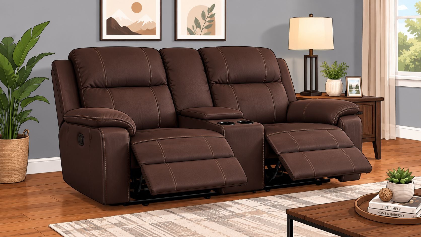 A modern brown leather reclining loveseat with built-in cup holders in a cozy living room setting.