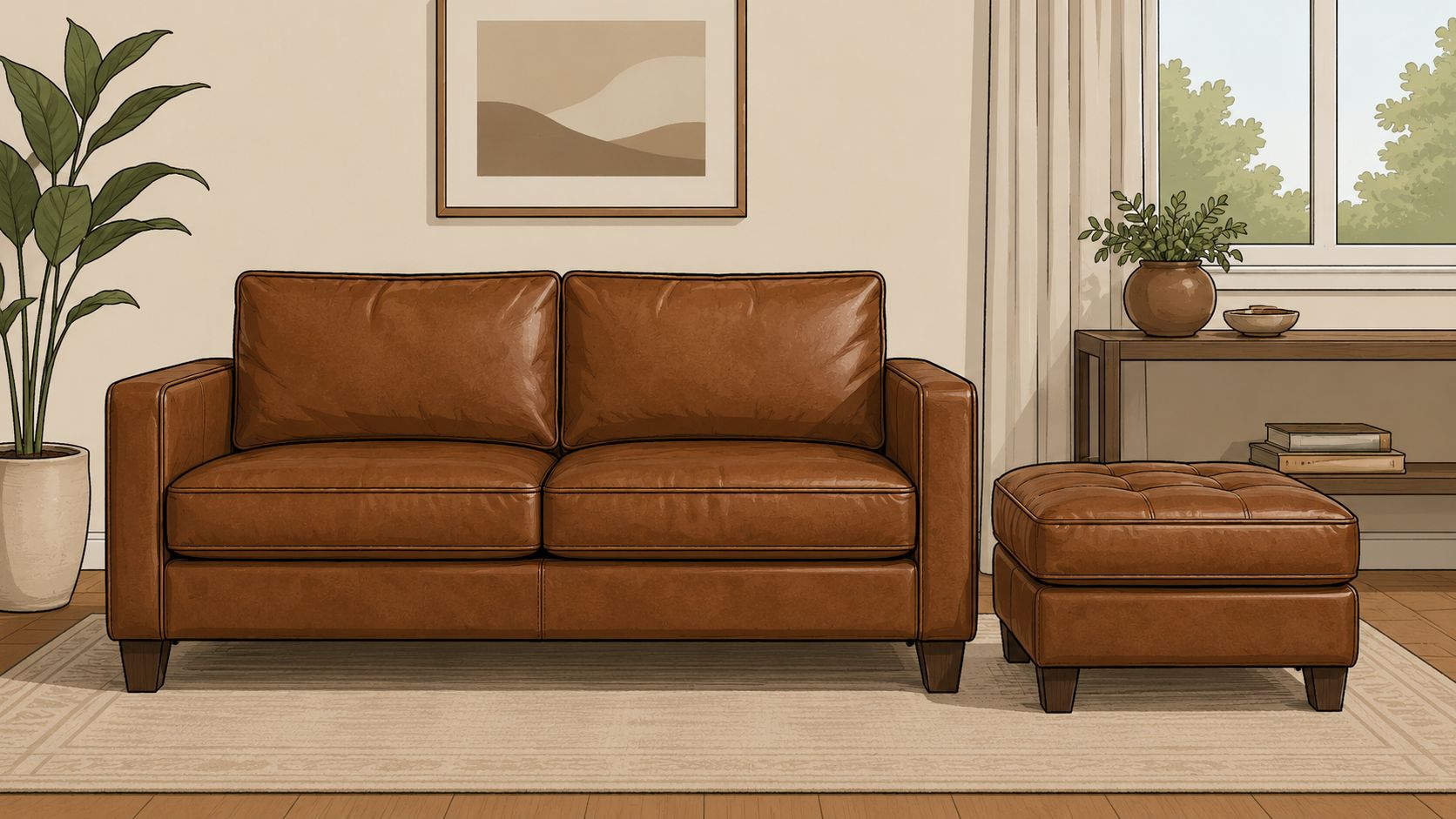 A brown leather sofa paired with a matching tufted ottoman in a cozy, sunlit living room setting.