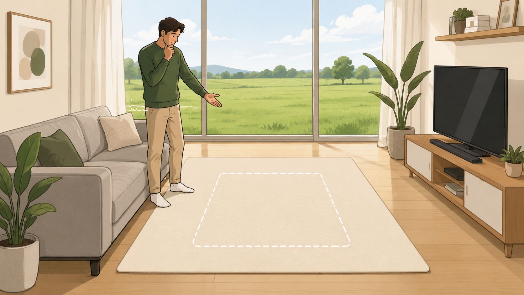 A man standing in a living room gesturing towards the empty space on the rug.