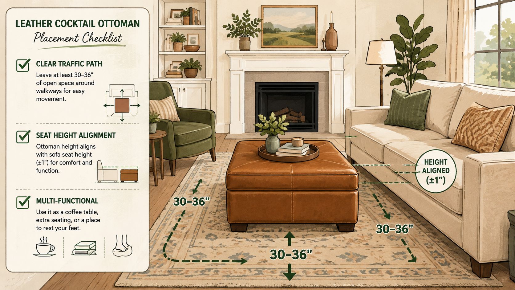 An illustrated checklist showing optimal placement and height alignment for a brown leather cocktail ottoman in a living room.