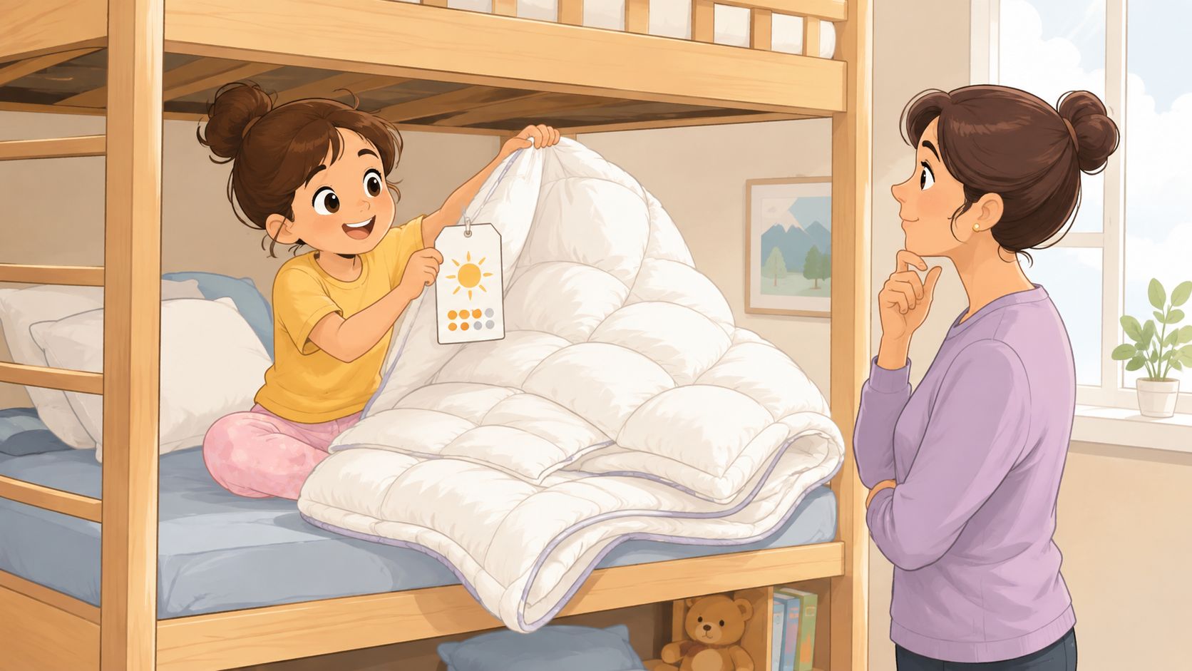 A young girl shows her mother a white comforter for a bunk bed with a sun tag.