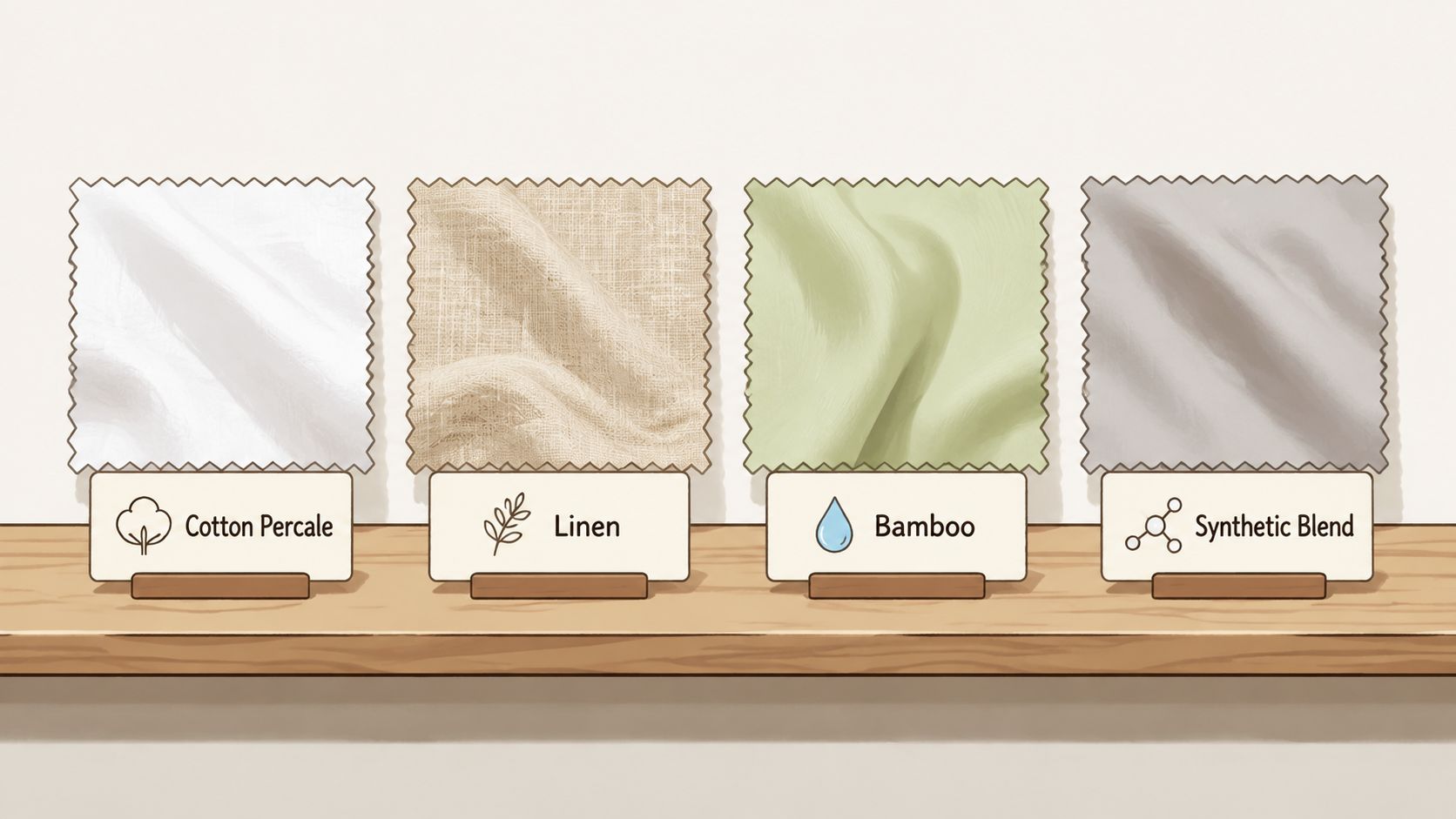 Four different fabric swatches including cotton percale, linen, bamboo, and synthetic blend displayed on wooden shelves.