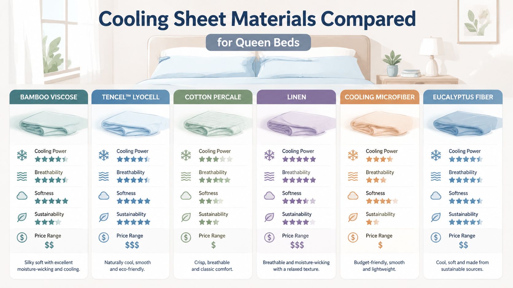 A comparison chart of various cooling sheet materials for queen beds, including their cooling power, breathability, softness, sustainability, and price.