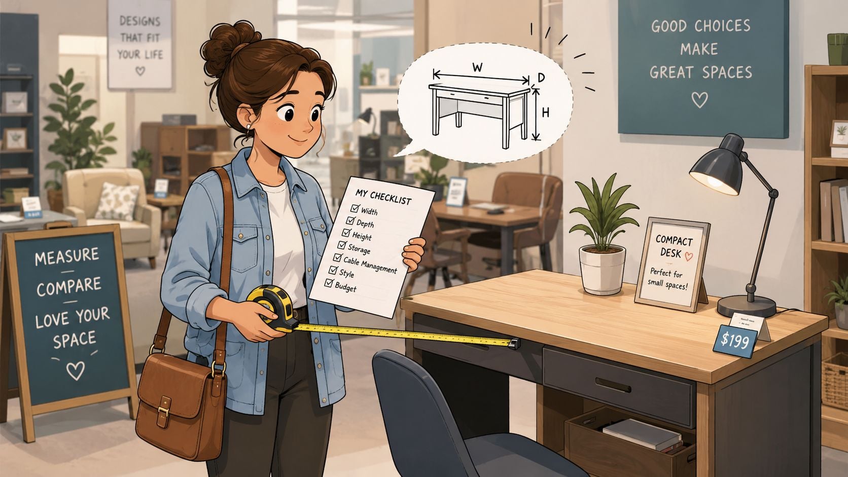 A woman holding a measuring tape and a checklist while shopping for a compact office desk.