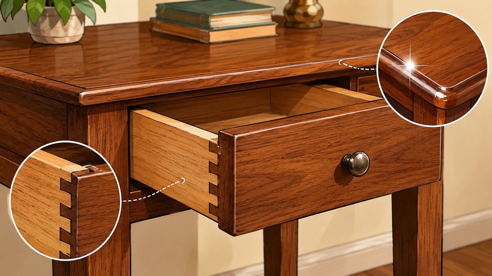 A close-up view of a high-quality wooden desk drawer featuring intricate dovetail joinery and a polished surface.