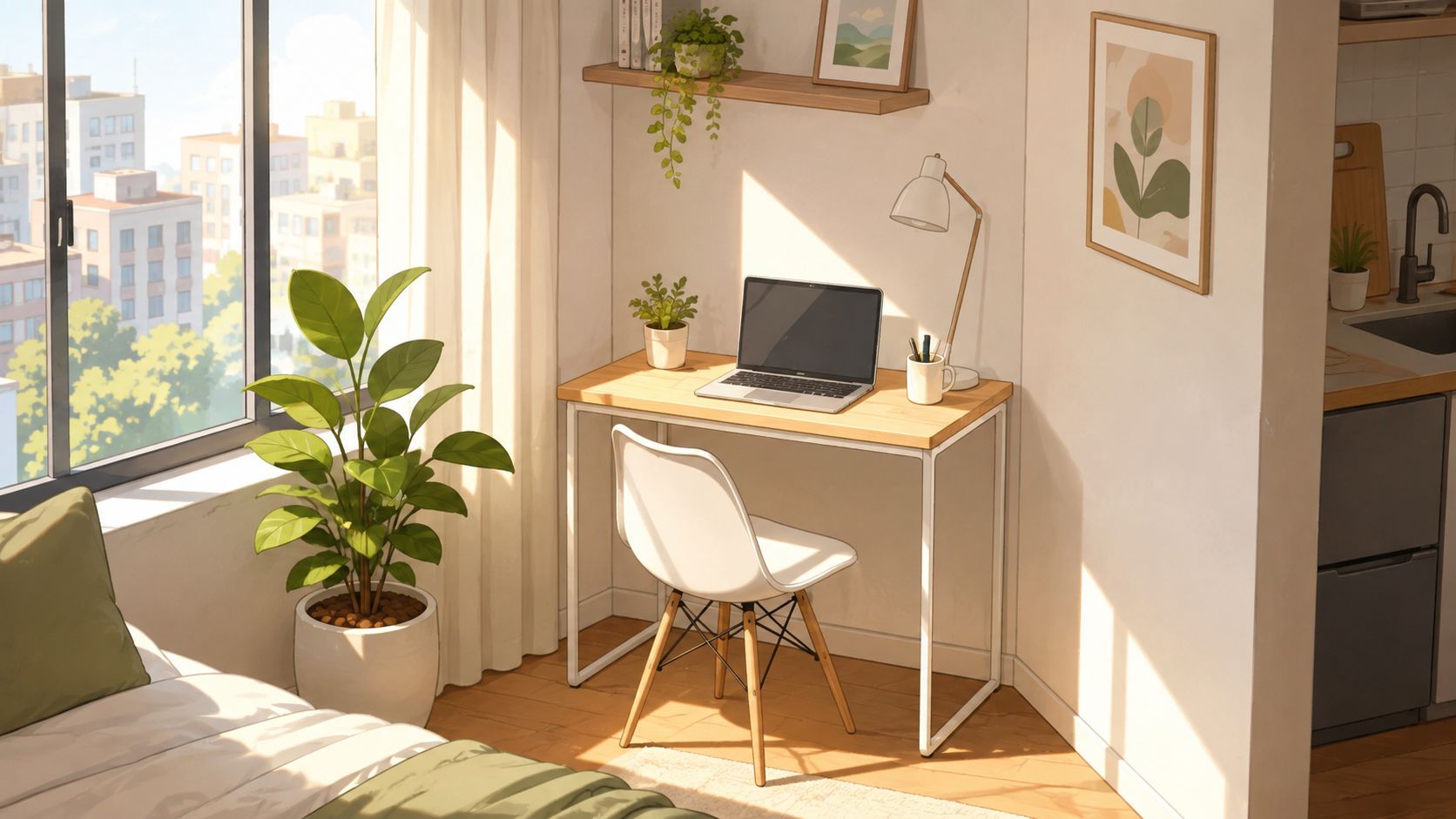 A cozy, sunlit workspace featuring a laptop on a wooden desk with a chair and indoor plants.