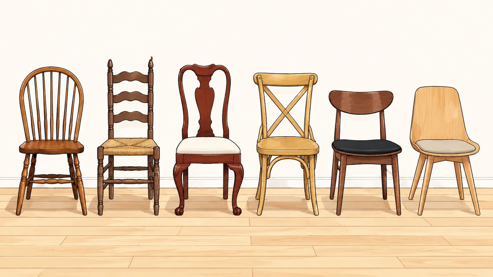 A selection of six different styles of dining chairs lined up against a plain white wall.