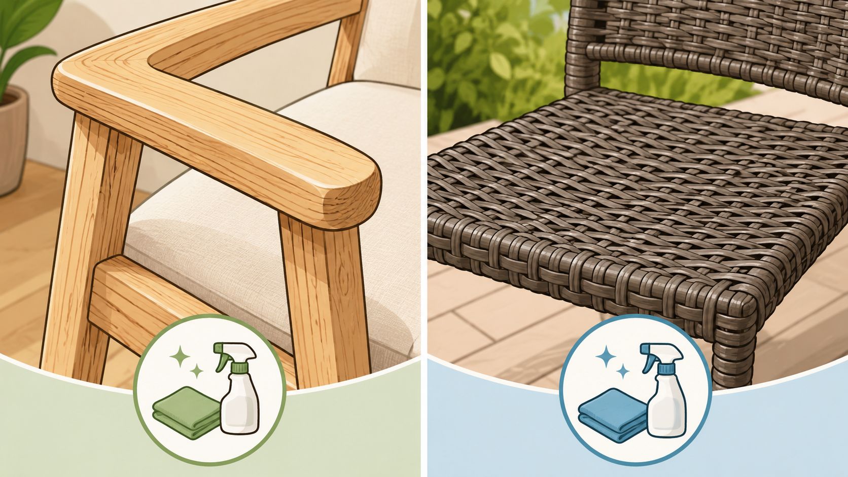 A split-screen illustration showing cleaning instructions for a light wood chair and a woven wicker chair.