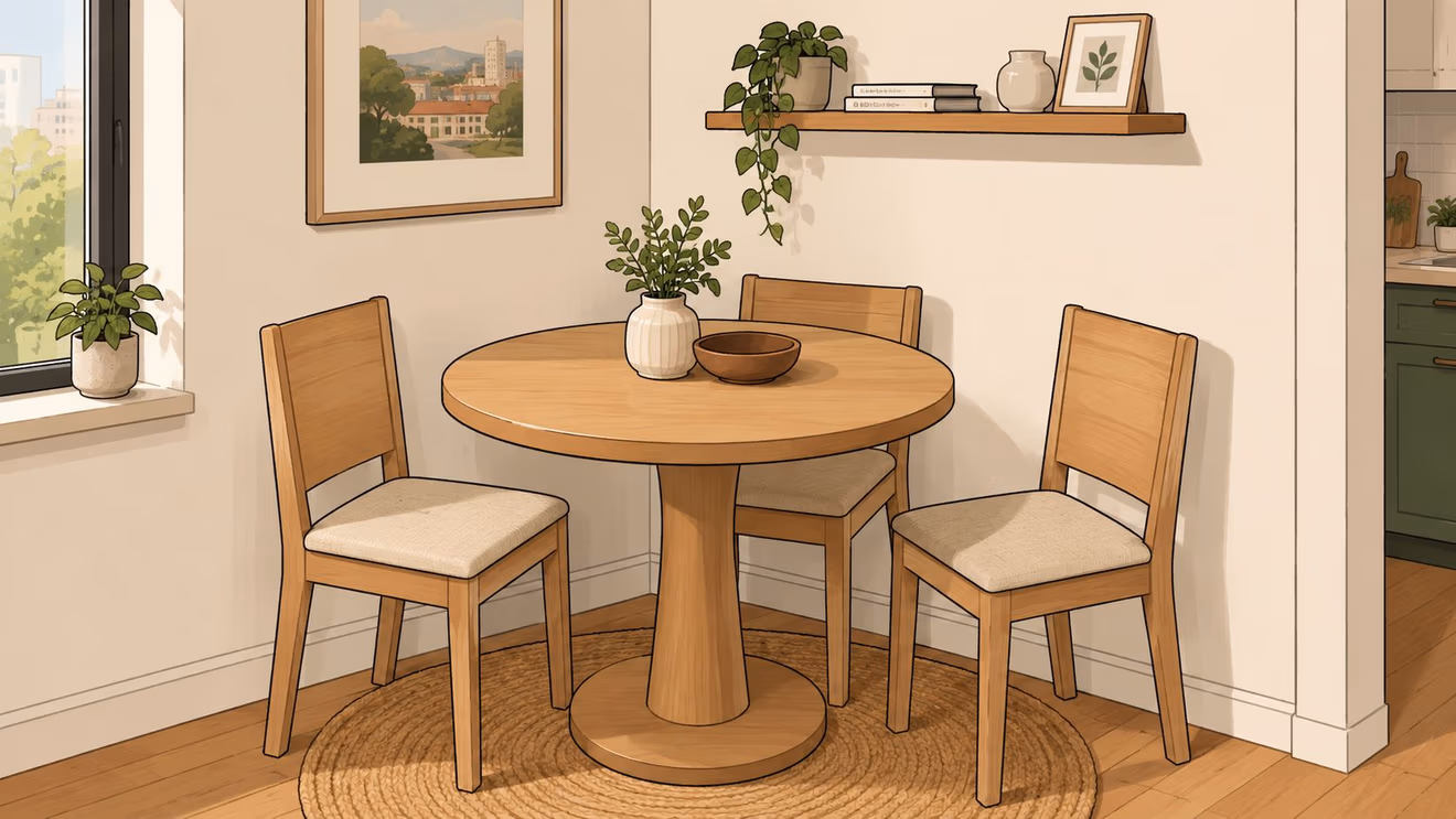 A cozy dining corner featuring a wooden pedestal table, three chairs, and decorative plants in a room.