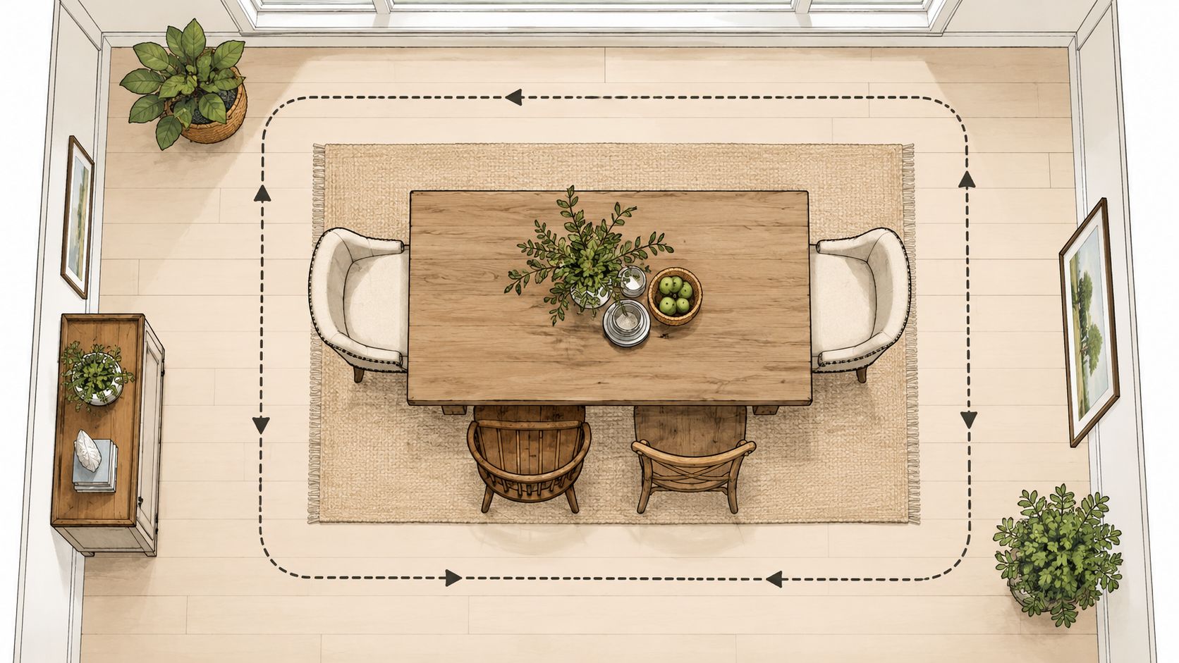 Top-down view of a modern dining room layout with mixed dining chair styles around a wooden table.