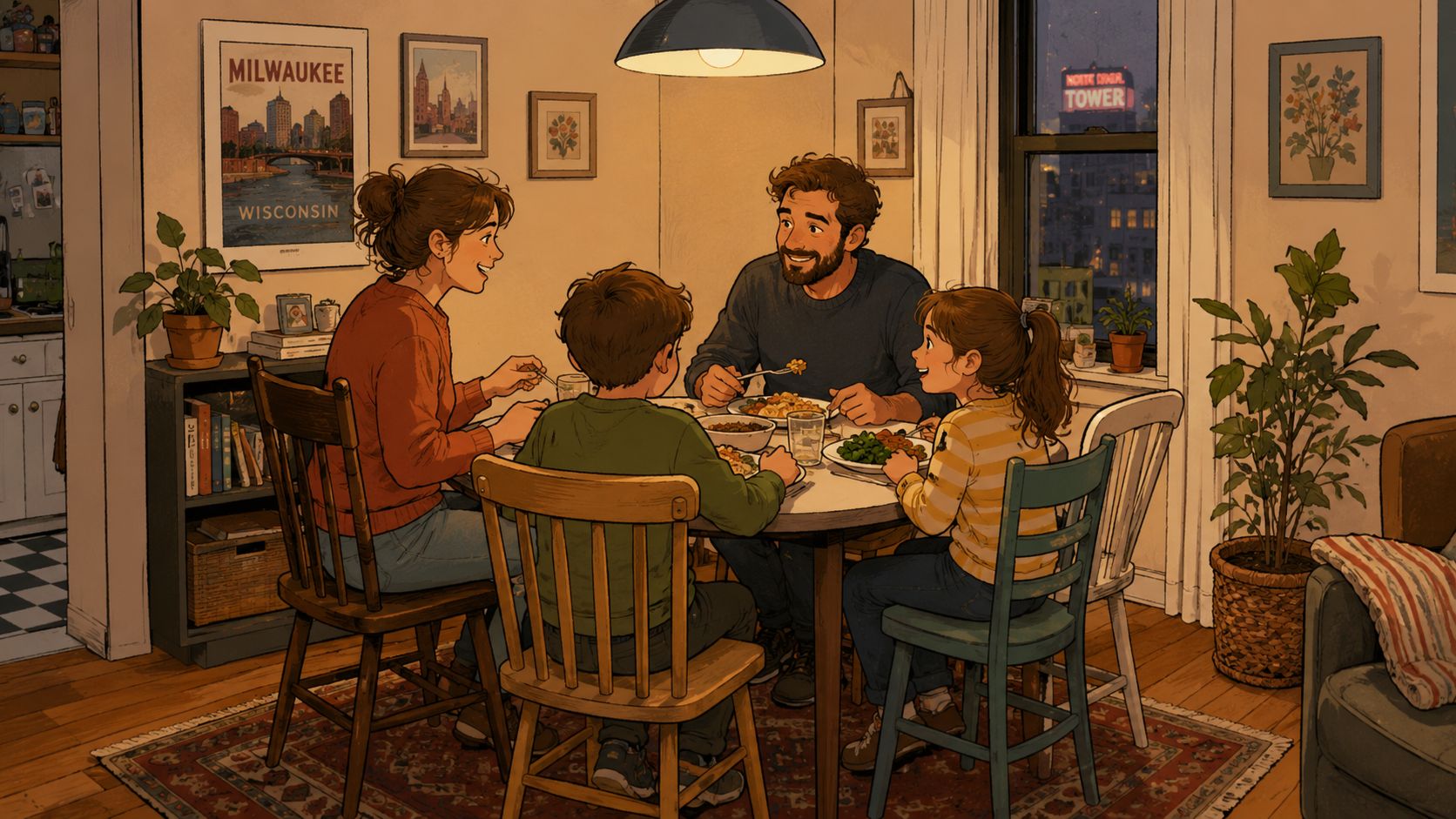 A warm, family-oriented scene featuring a mother, father, and two children sitting together at a wooden dining table.