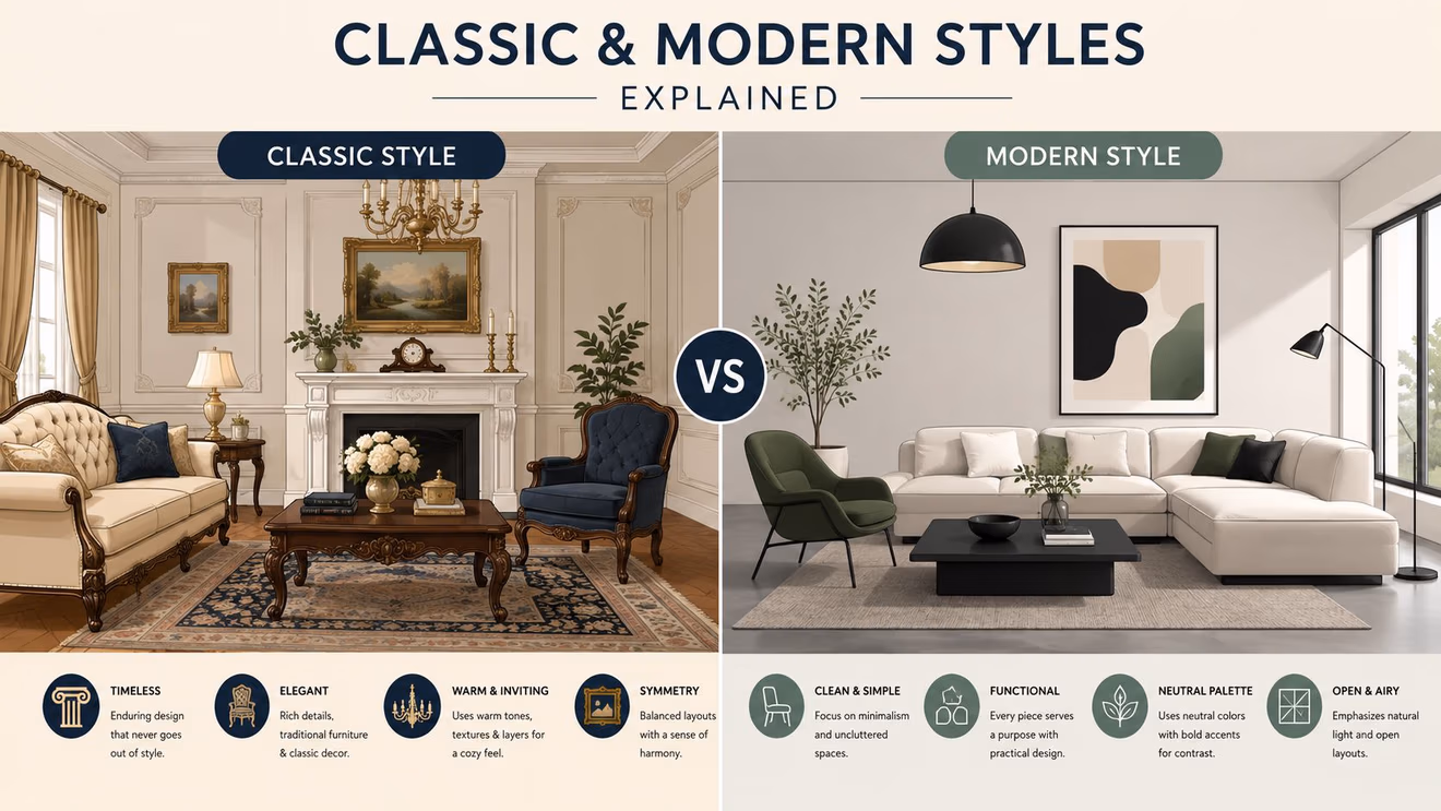 A comparison chart showing the differences between classic interior design style and modern interior design style.