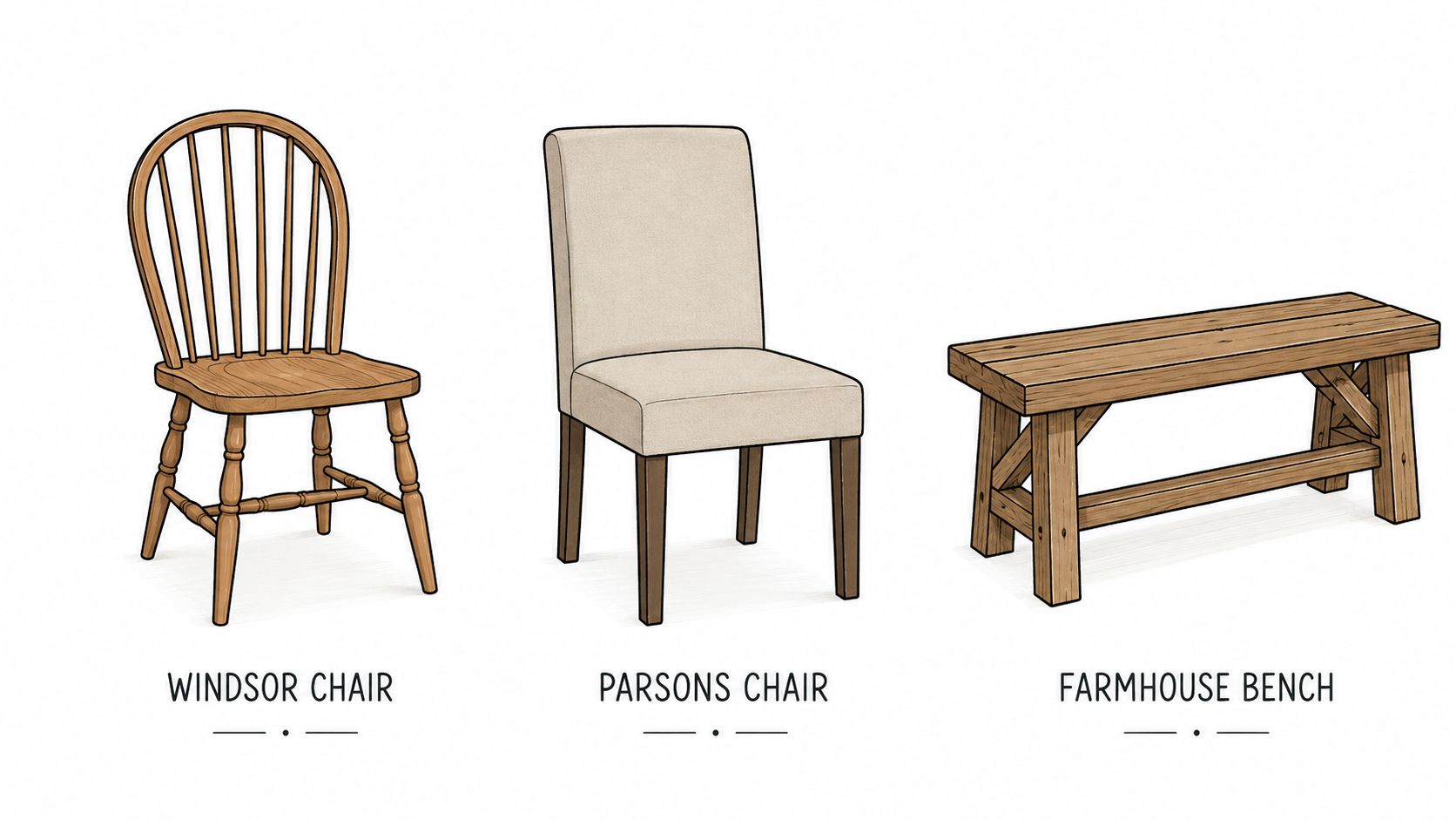 Three different seating options for dining rooms: a wooden Windsor chair, a fabric Parsons chair, and a farmhouse bench.