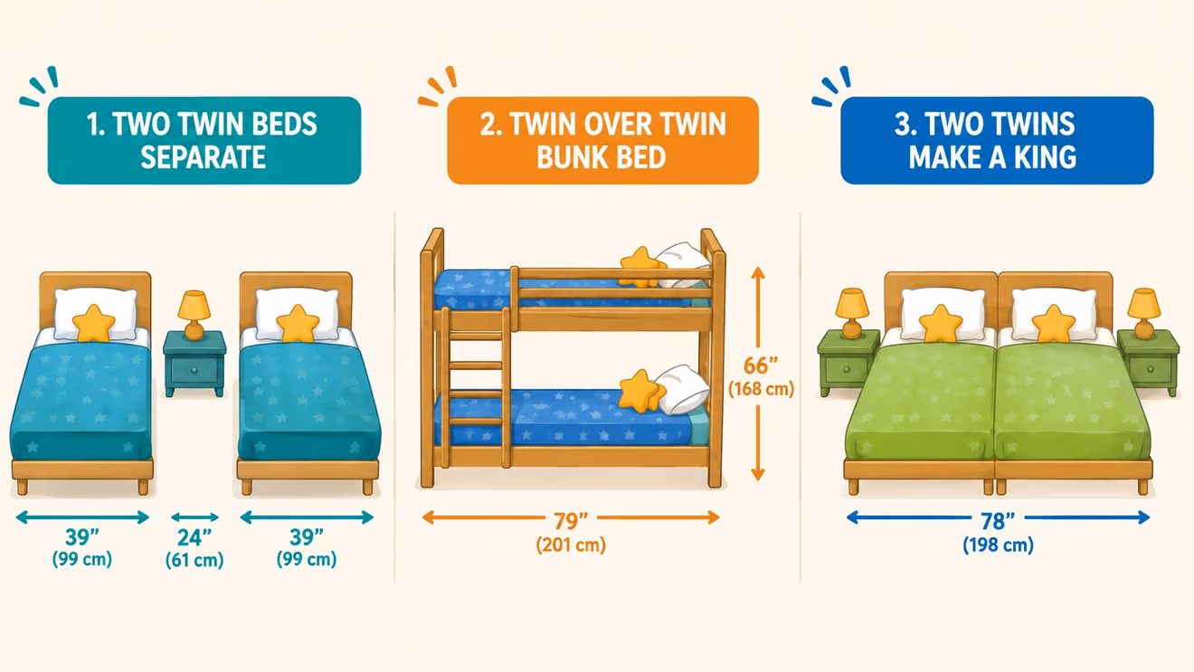 A graphic showing three ways to arrange twin beds, including separate, bunk bed, and king configuration.