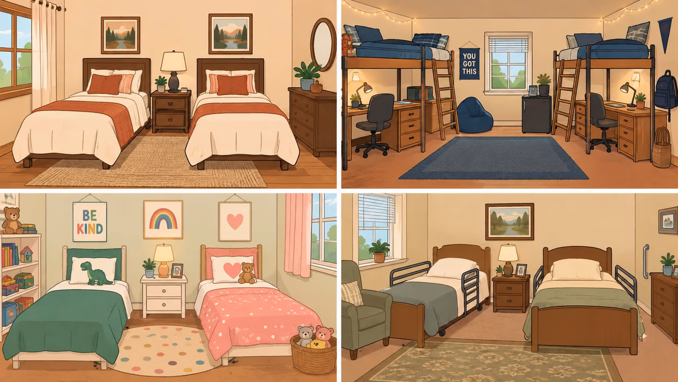 A four-panel collage showing various room designs featuring different styles of double twin bed bedroom arrangements.