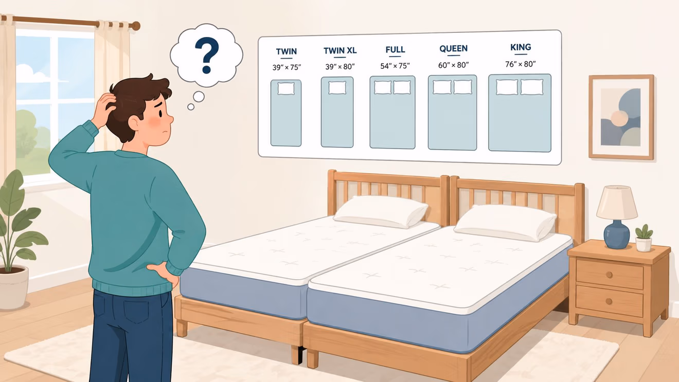A person looking confused at a wall chart displaying standard mattress sizes like Twin, Queen, and King.
