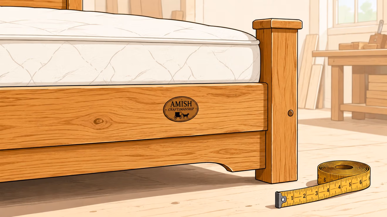 A close up view of a wooden bed frame with an Amish craftsmanship logo and measuring tape.