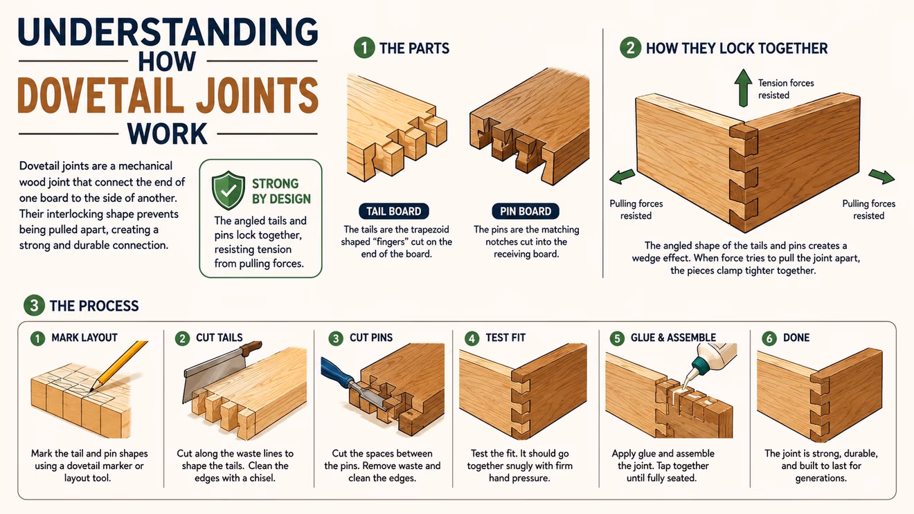 An infographic illustration showing the components, mechanics, and six-step process for creating strong wooden dovetail joints.