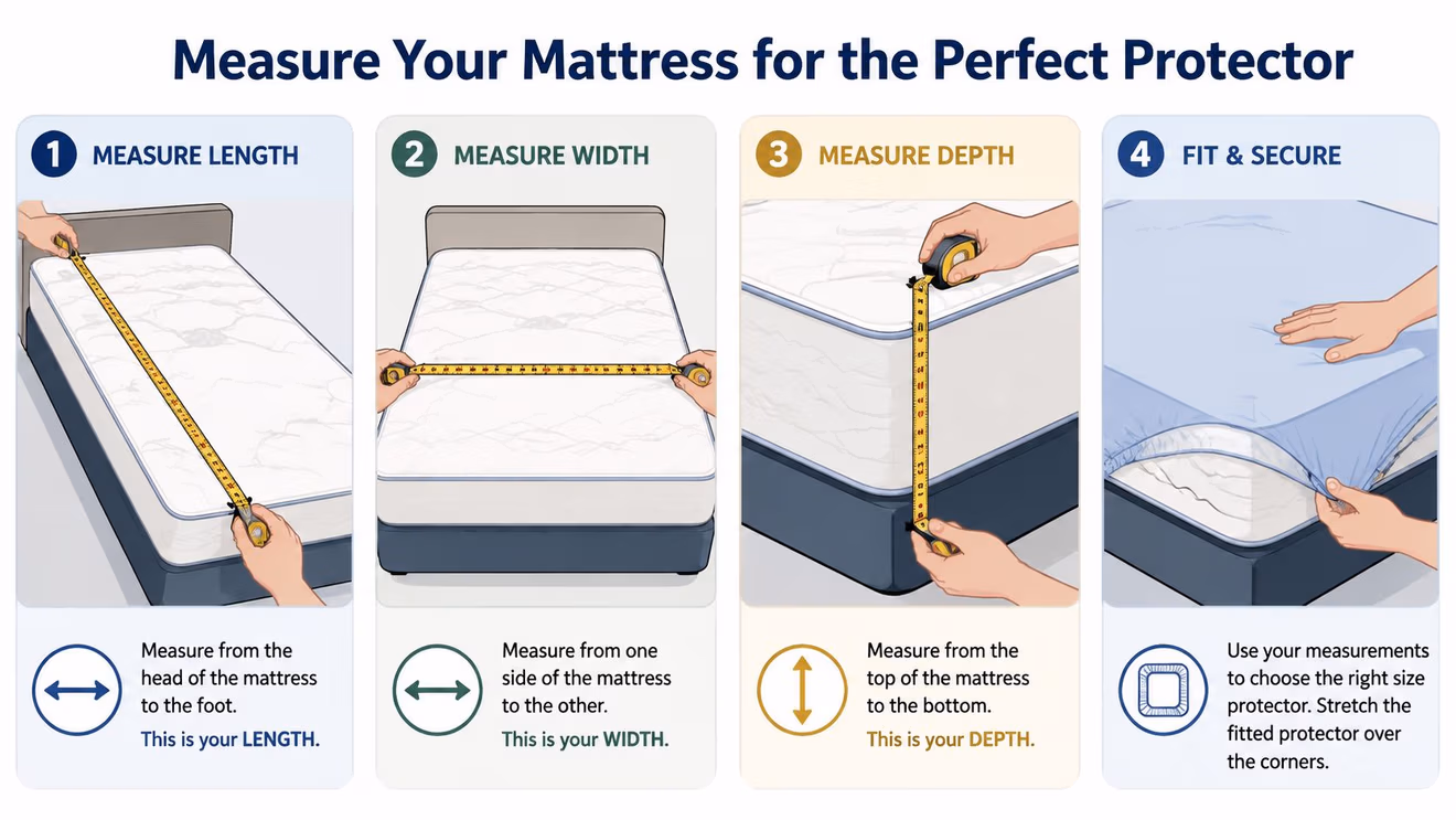 An infographic illustrating four steps to correctly measure your mattress length, width, and depth for a protector.